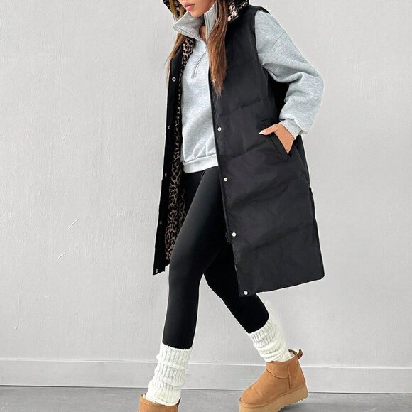 Black Casual Women's Front Button Sleeveless Hooded Padded Coat - Picture 3 of 5